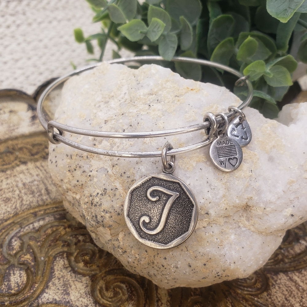 ALEX AND ANI Letter T Charm Bangle Bracelet Silver-tone